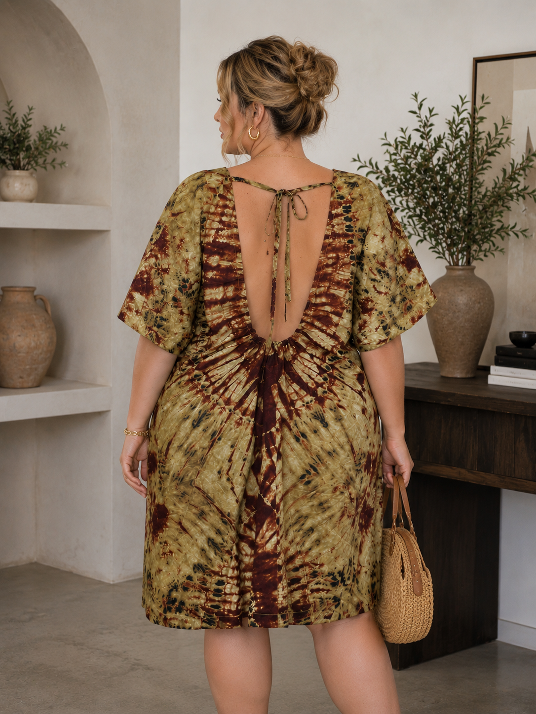 Nude Mocha Tie Dye Kaftan Open Back African BouBou Short Summer Dress