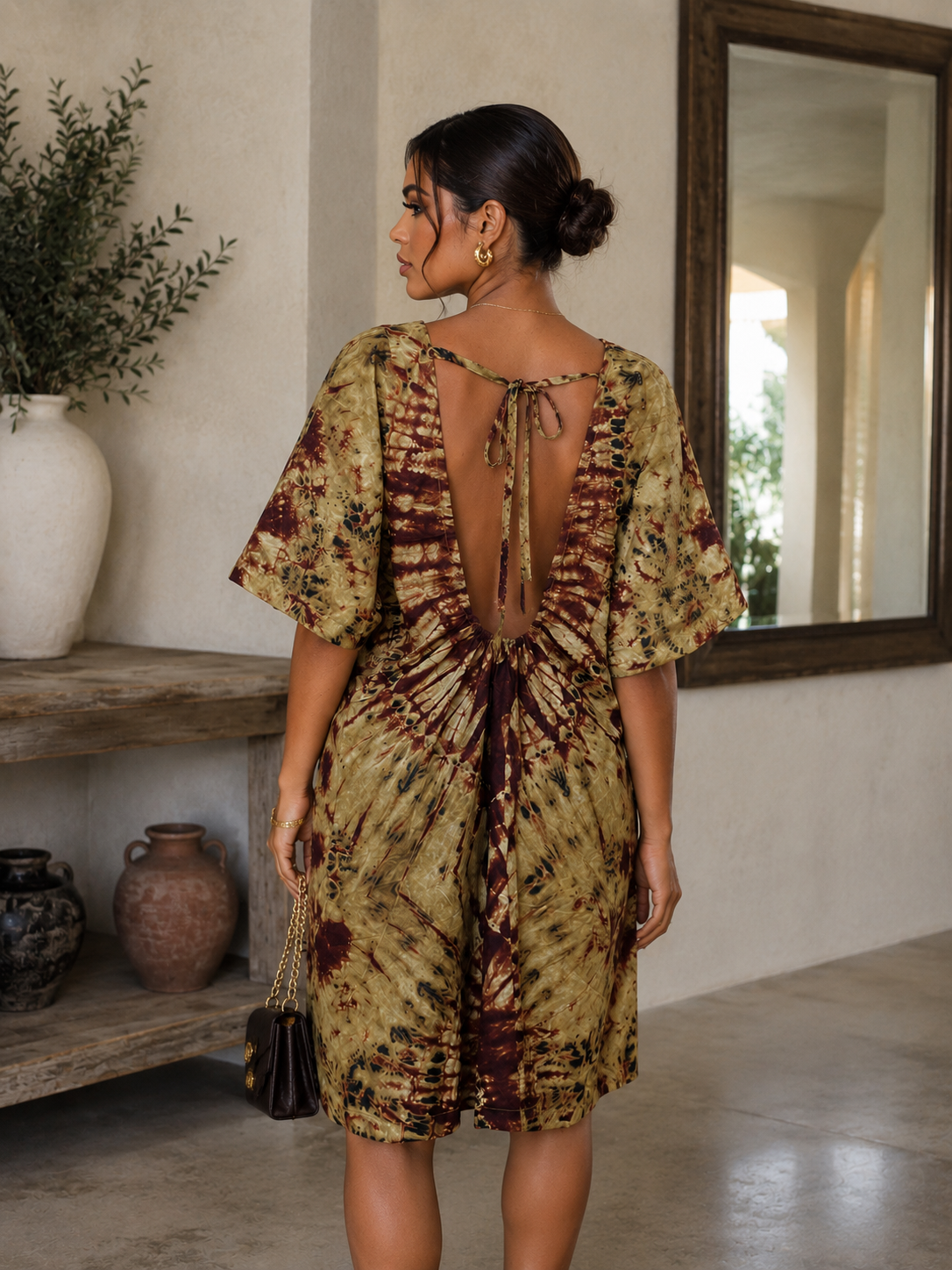 Nude Mocha Tie Dye Kaftan Open Back African BouBou Short Summer Dress