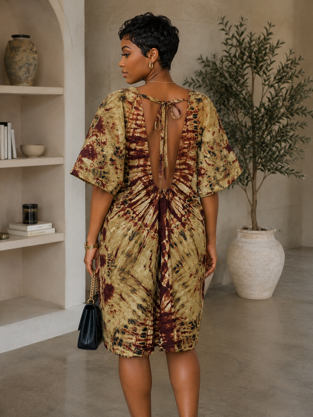 Nude Mocha Tie Dye Kaftan Open Back African BouBou Short Summer Dress