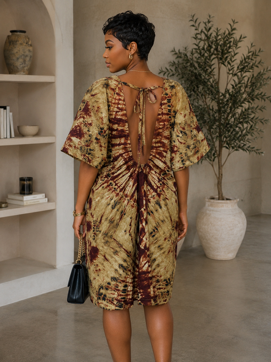 Nude Mocha Tie Dye Kaftan Open Back African BouBou Short Summer Dress