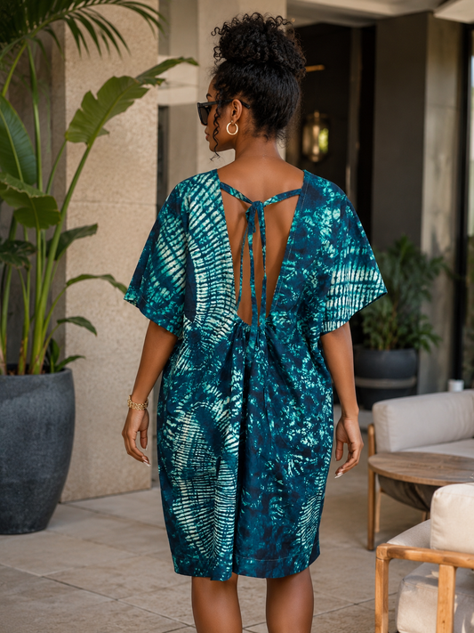 Azure Oasis Open-Back Boubou Dress – Luxury Printed African Kaftan for Women Short Summer Dress