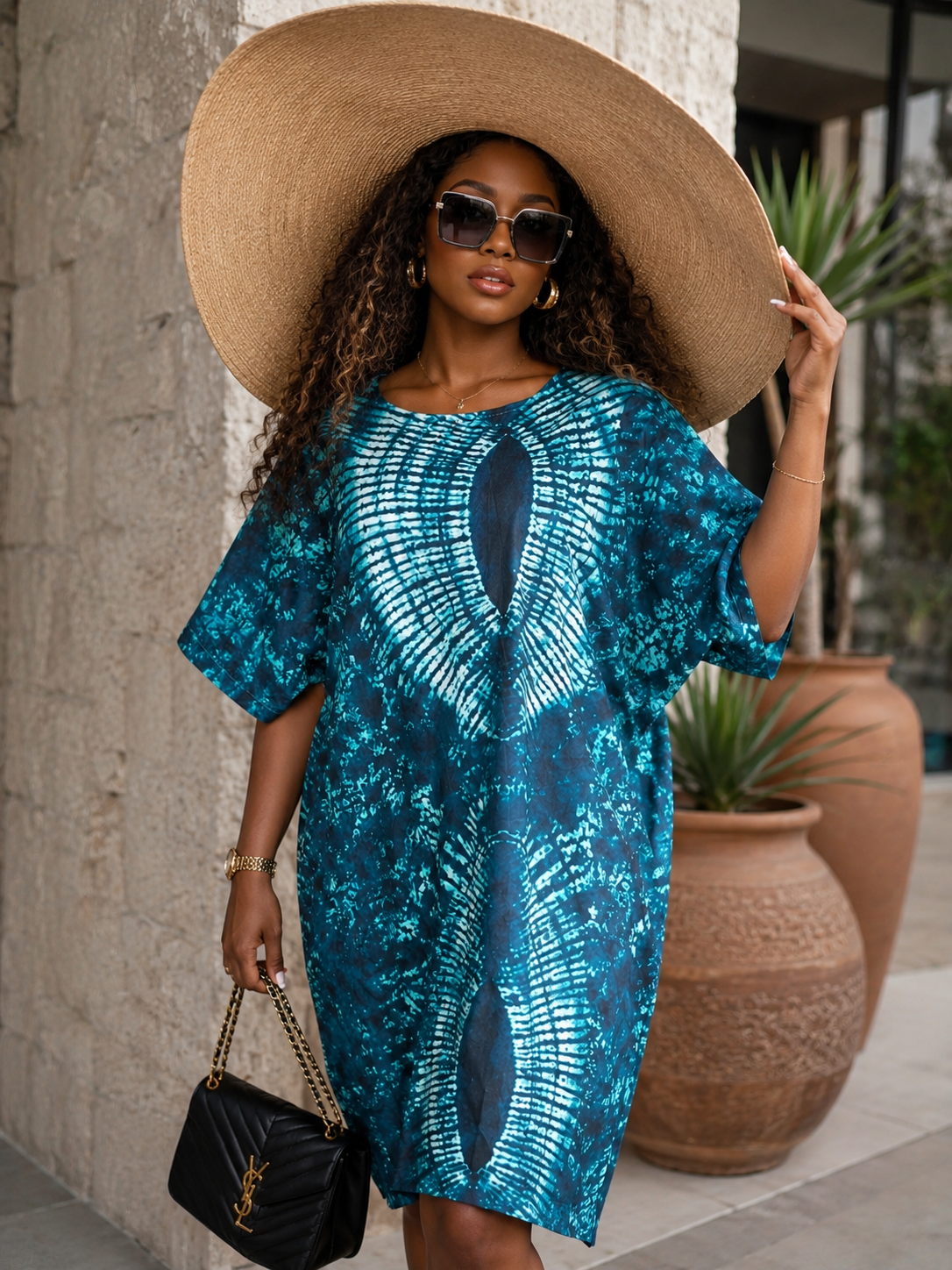Azure Oasis Open-Back Boubou Dress – Luxury Printed African Kaftan for Women Short Summer Dress