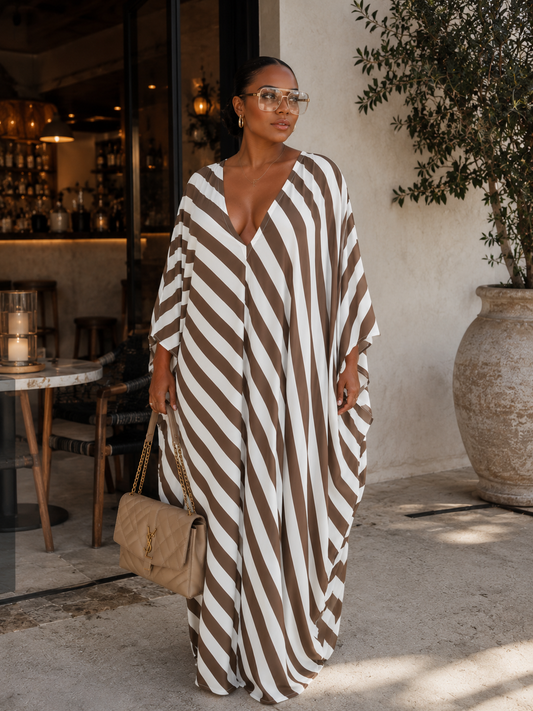 GWB Luxe Striped Maxi Kaftan BouBou Silk Dress – Effortless Elegance Meets Everyday Comfort