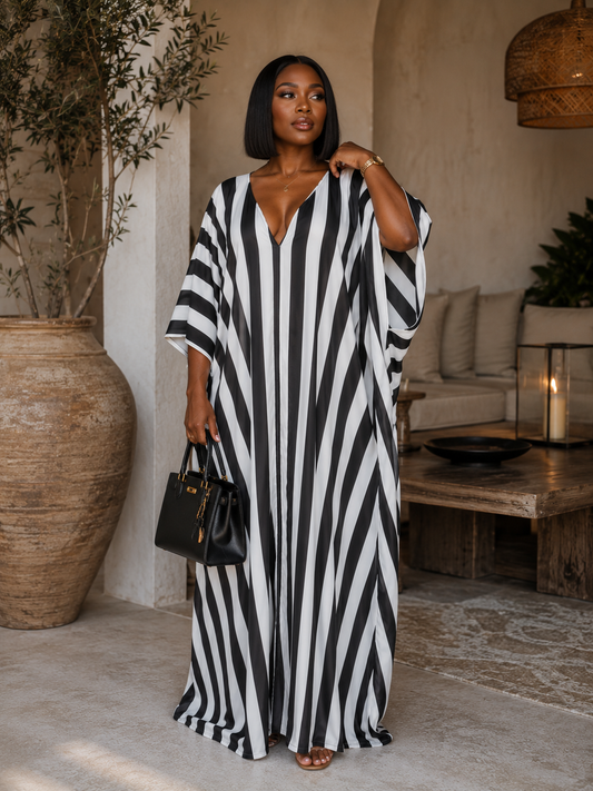 GWB Luxe Striped Maxi Kaftan BouBou Silk Summer Dress Size 8-16 - Black