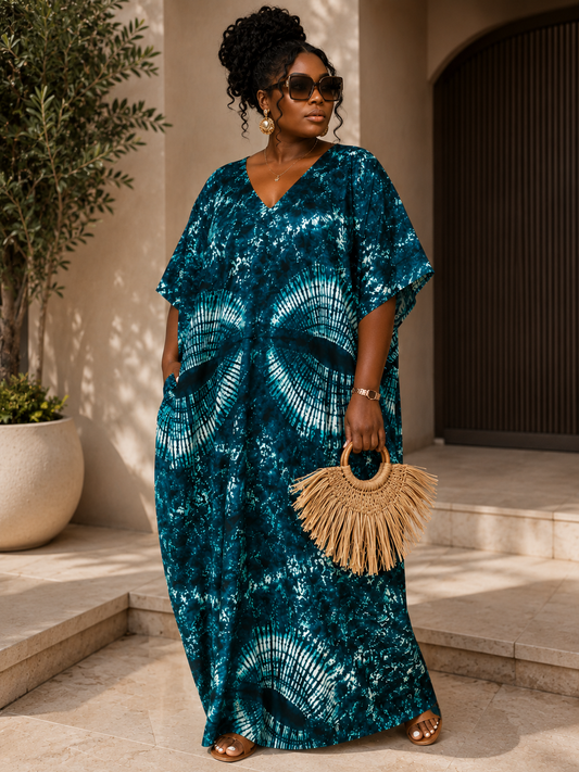 Emerald Ocean African Tie-Dye Boubou Kaftan Oversized Maxi Dress Women  Size UK 8–14