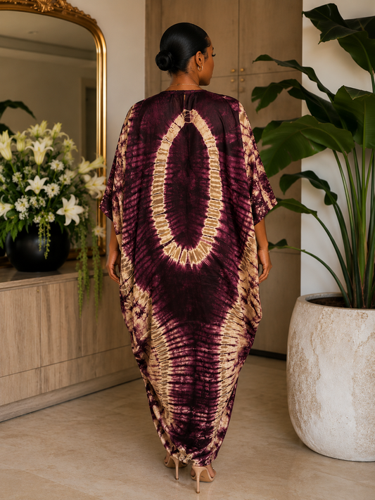 Bordeaux Muse Tie-Dye Luxe Kaftan BouBou Maxi Dress One Size 8-14