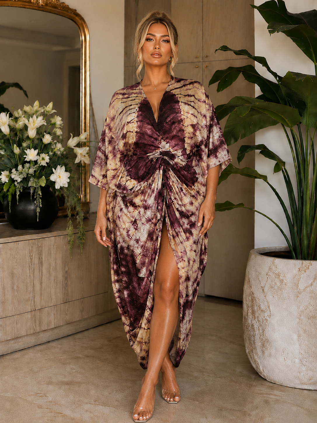 GWB Bordeaux Muse Tie-Dye Luxe Kaftan BouBou Dress One Size 8-14