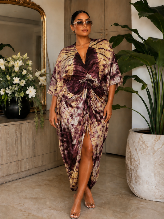 Bordeaux Muse Tie-Dye Luxe Kaftan BouBou Maxi Dress One Size 8-14