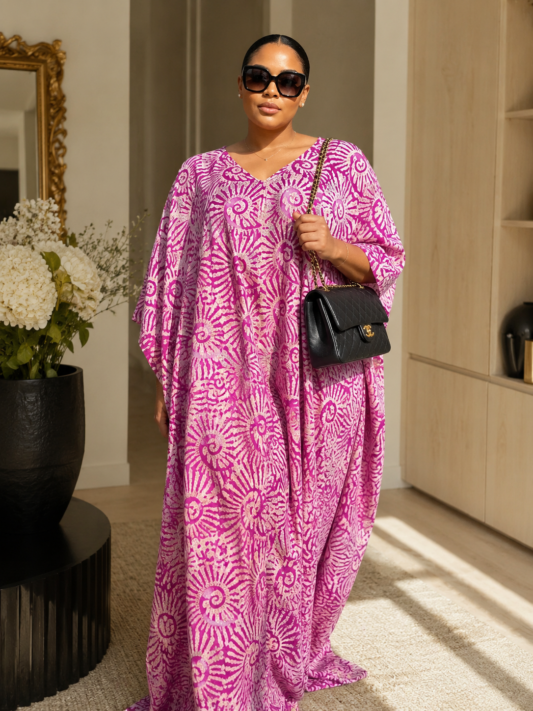 Multicolour Adire Print Open Back Oversized Maxi Dress Kaftan BouBou Size 8 -14 - Pink