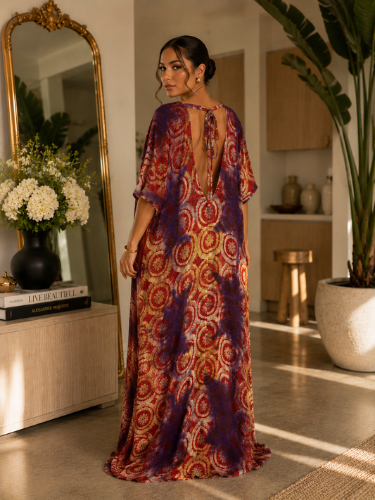 Multicoloured Adire Print Open Back Oversized Maxi Dress Kaftan BouBou Size 8 -14 - Purple