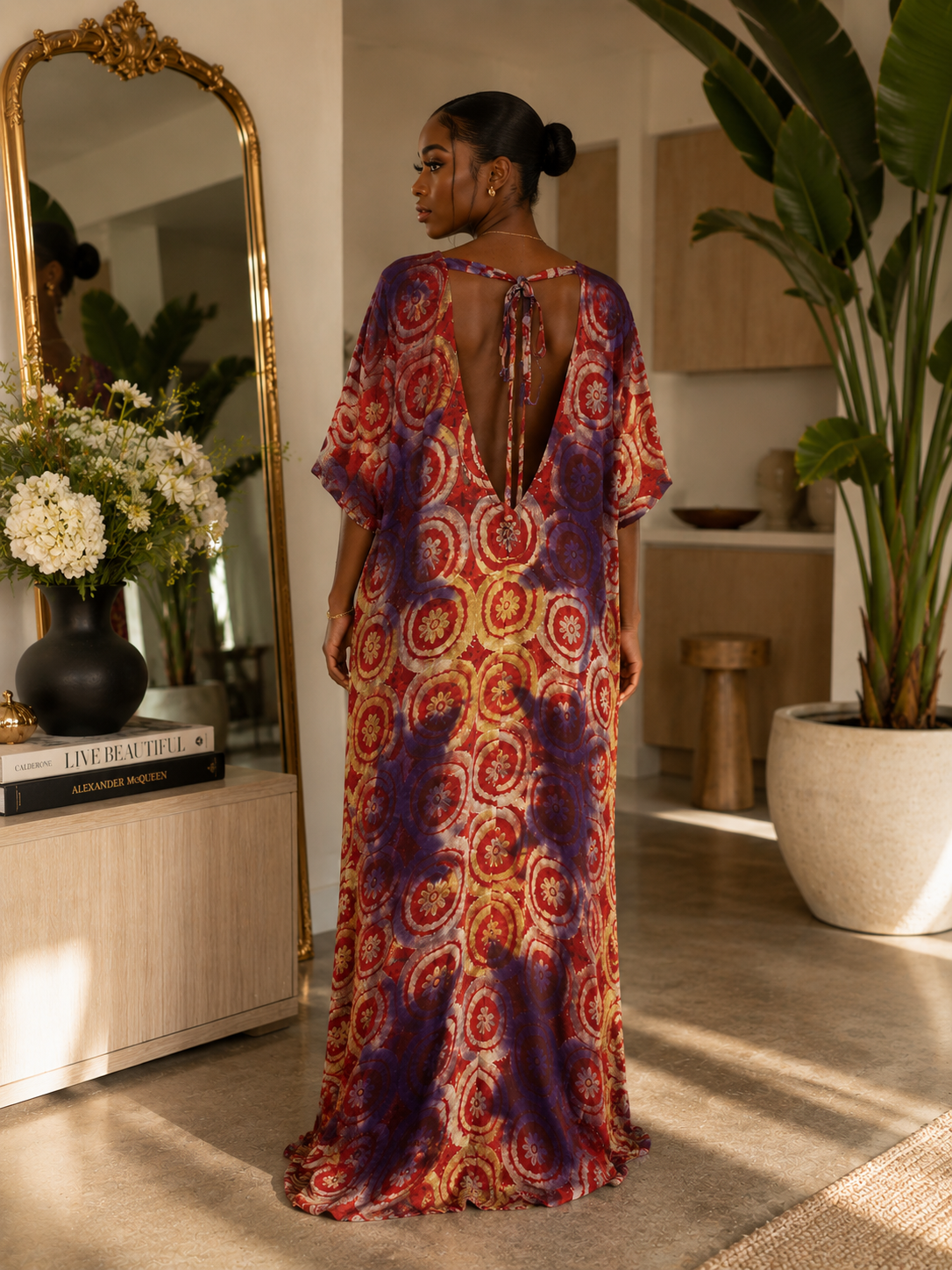 Multicoloured Adire Print Open Back Oversized Maxi Dress Kaftan BouBou Size 8 -14 - Purple