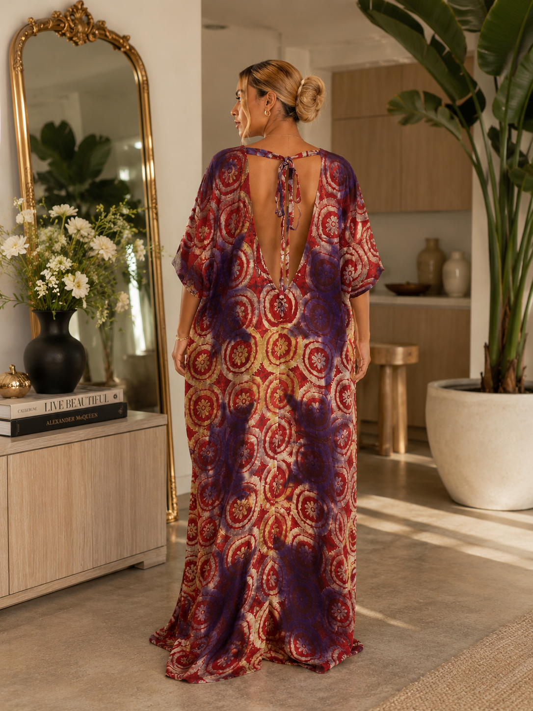 Multicoloured Adire Print Open Back Oversized Maxi Dress Kaftan BouBou Size 8 -14 - Purple