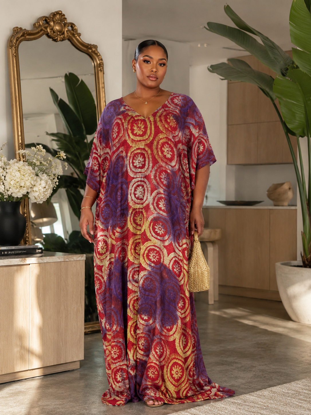 Multicoloured Adire Print Open Back Oversized Maxi Dress Kaftan BouBou Size 8 -14 - Purple