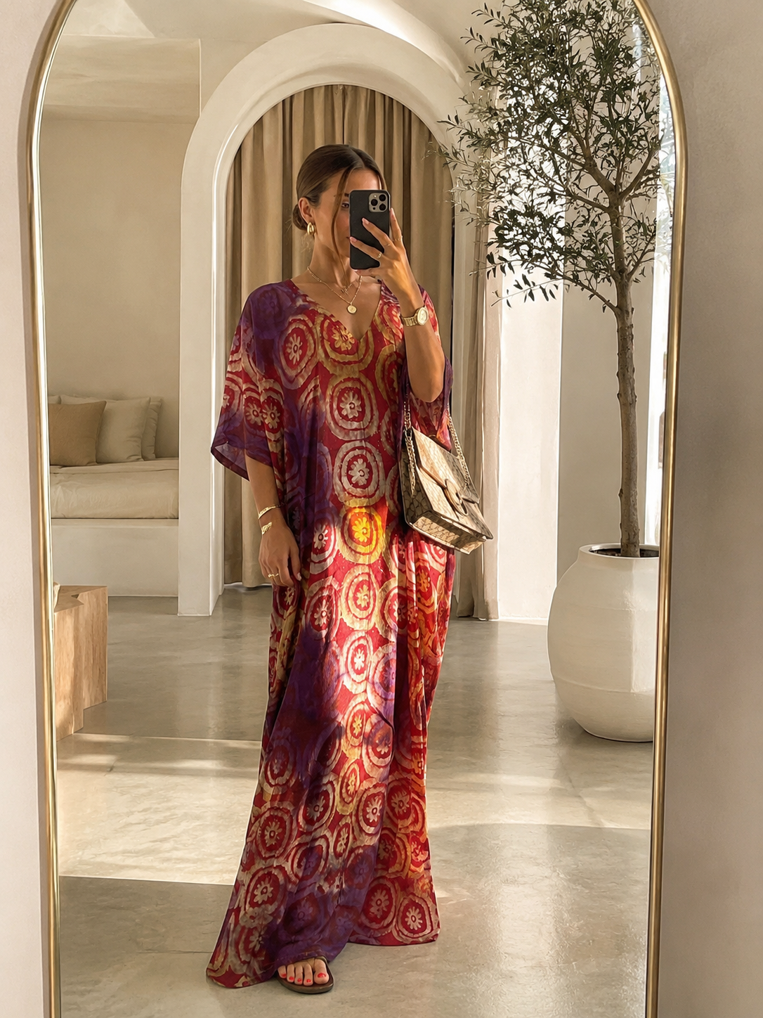 Multicoloured Adire Print Open Back Oversized Maxi Dress Kaftan BouBou Size 8 -14 - Purple