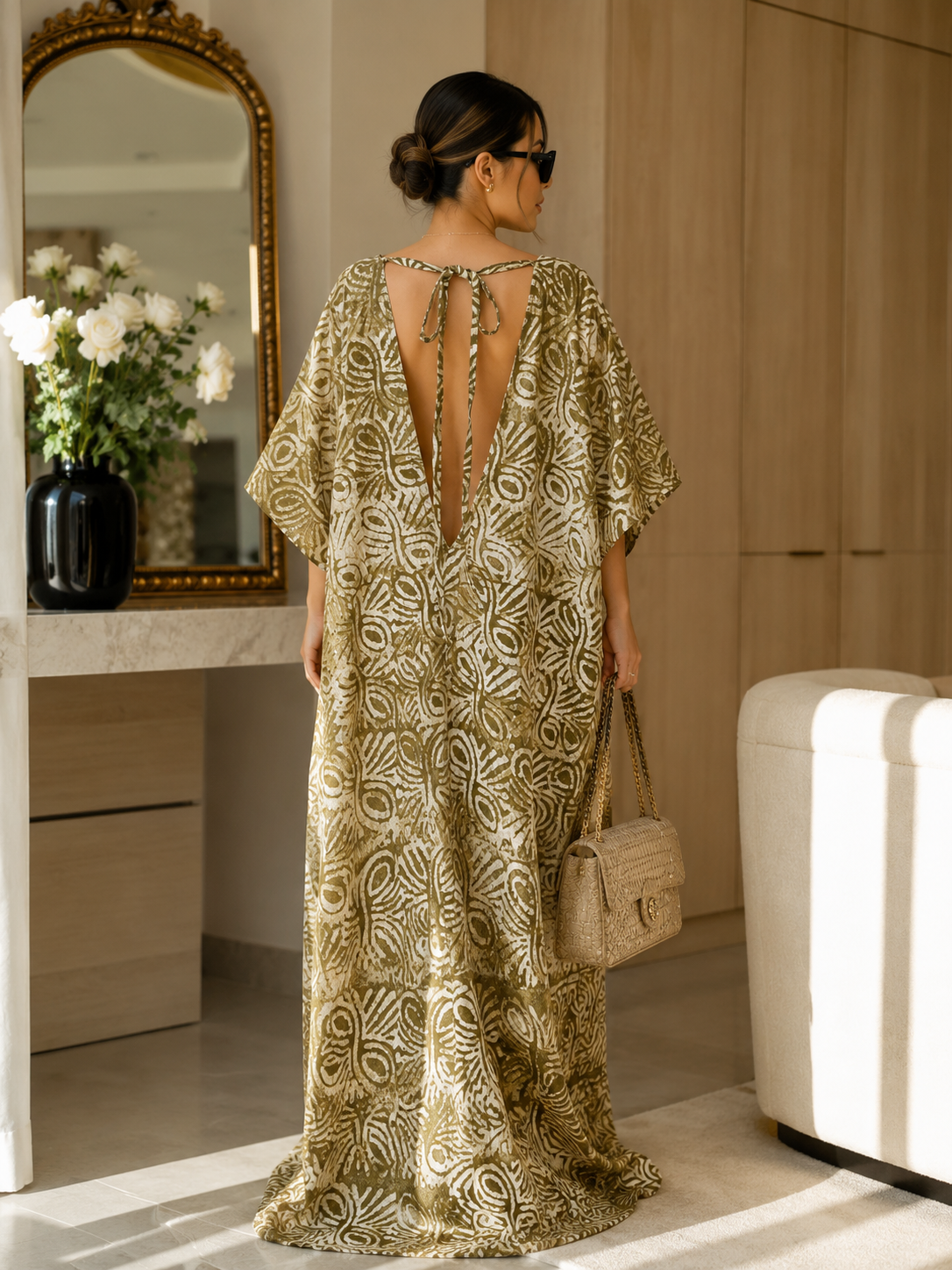 Multicoloured Adire Print Open Back Oversized Maxi Dress Kaftan BouBou Size 8 -14 - Green