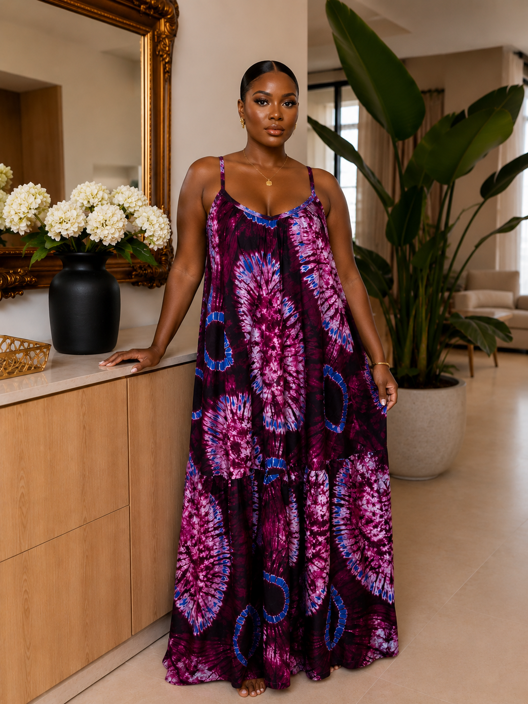 Purple  African Adire Maxi Dress Backless – Print, Strappy Cami, Tiered Hem with Pockets