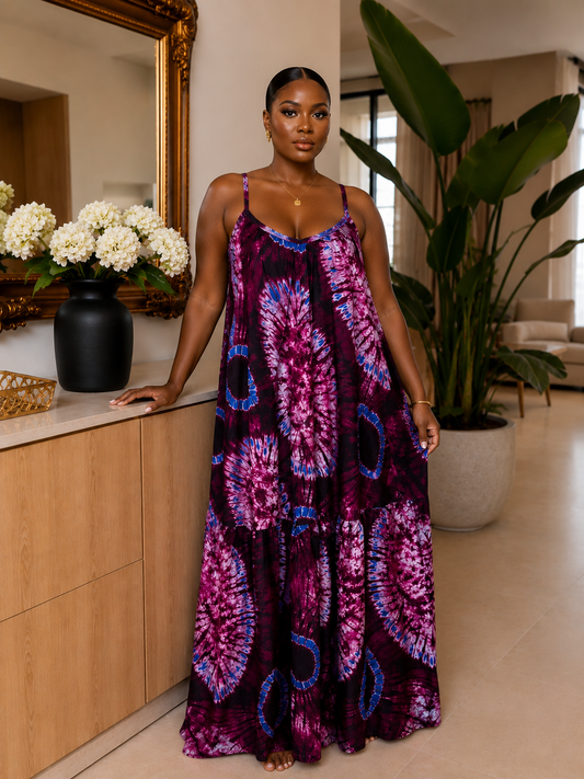 Purple  African Adire Maxi Dress Backless – Print, Strappy Cami, Tiered Hem with Pockets