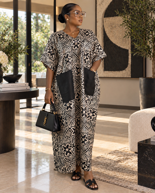 Oversized African Kampala Maxi Kaftan Dress with Pockets – Brown & Cream Length 58inches