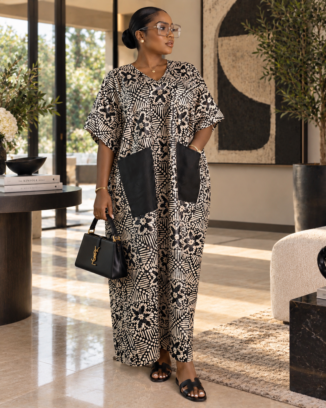 Oversized African Kampala Maxi Kaftan Dress with Pockets – Brown & Cream Length 58inches