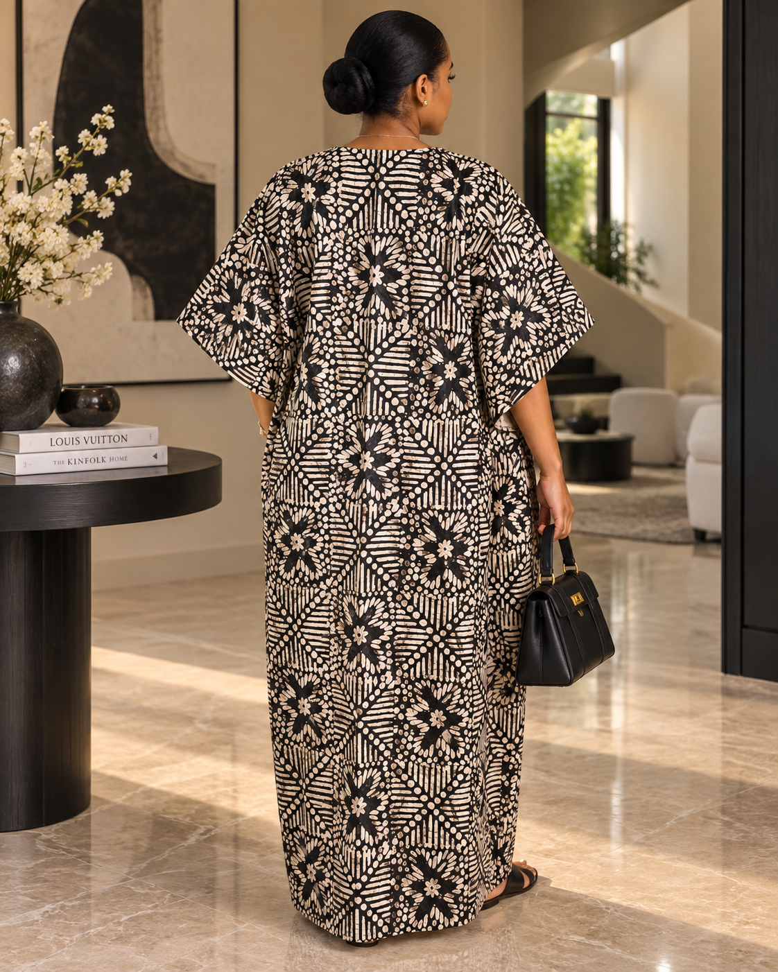 Oversized African Kampala Maxi Kaftan Dress with Pockets – Brown & Cream Length 58inches