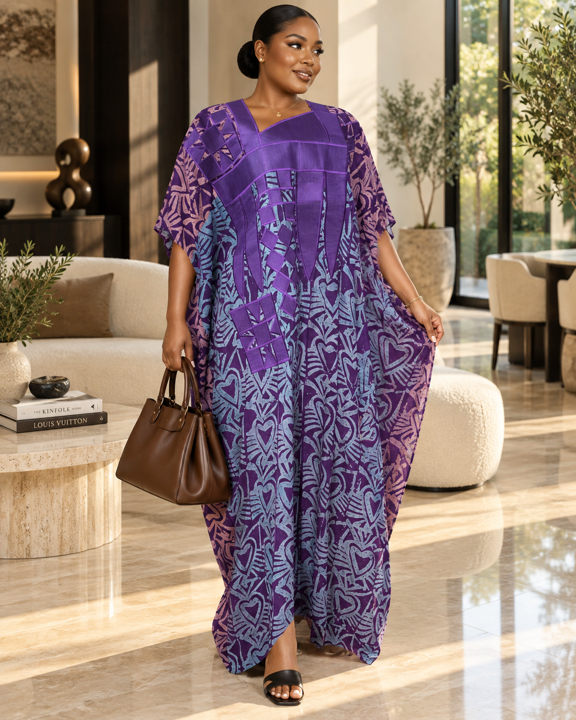 Purple Luxe African Crepe Embroidered Maxi Boubou Kaftan Dress | Elegant Oversized Occasion Wear Size 8-16