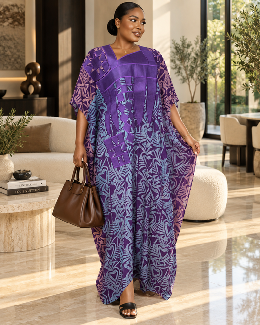 Purple Luxe African Crepe Embroidered Maxi Boubou Kaftan Dress | Elegant Oversized Occasion Wear Size 8-16