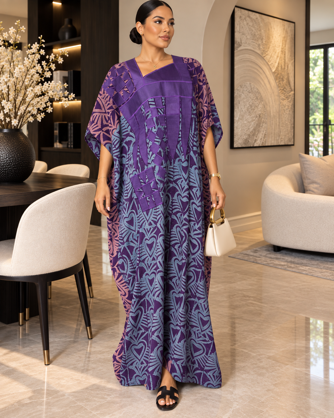 Purple Luxe African Crepe Embroidered Maxi Boubou Kaftan Dress | Elegant Oversized Occasion Wear Size 8-16