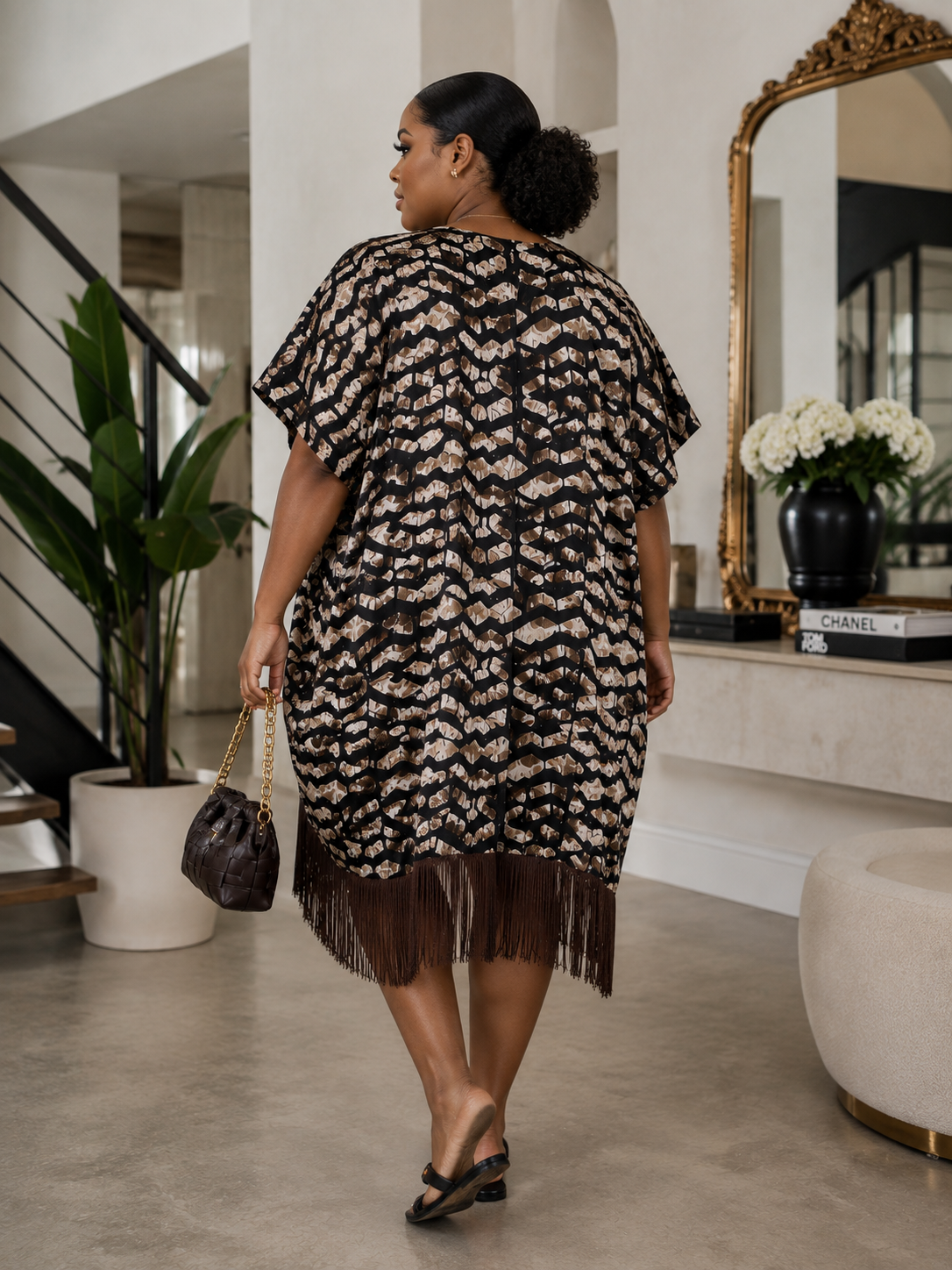 GWB Chocolate Brown African Print Oversized Fringe Kaftan Dress