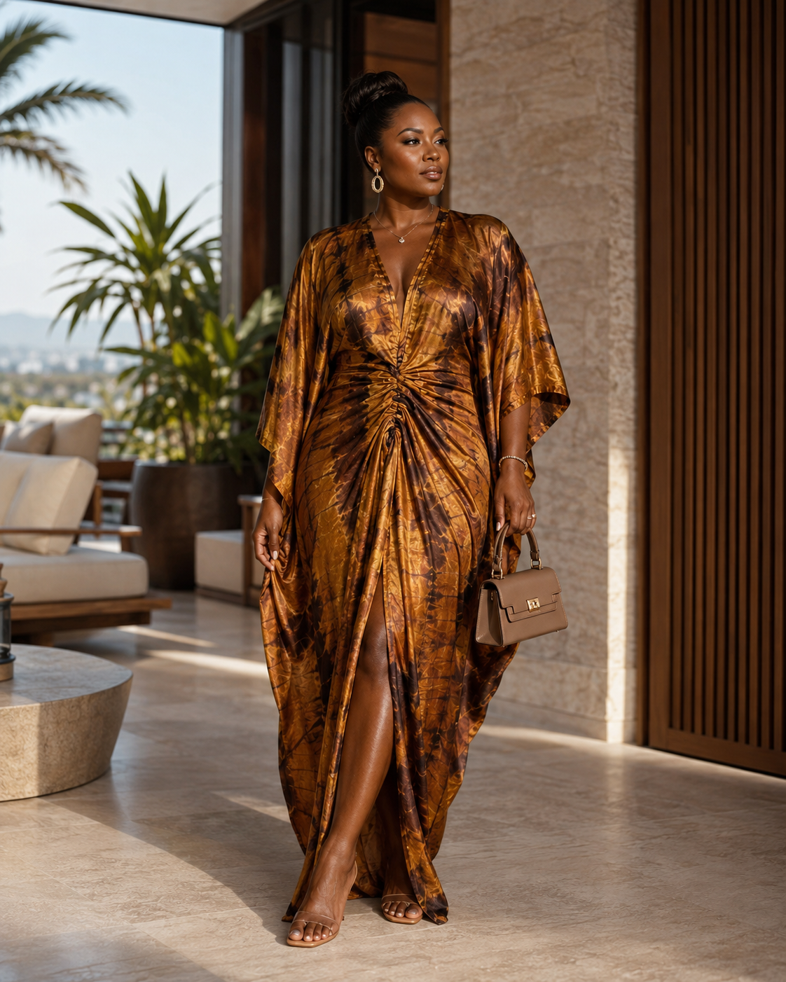 Brown Ruched African Tye-dye Kaftan BouBou Maxi Dress