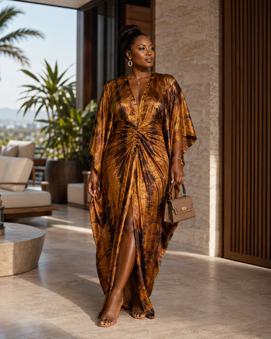 Brown Ruched African Tye-dye Kaftan BouBou Maxi Dress