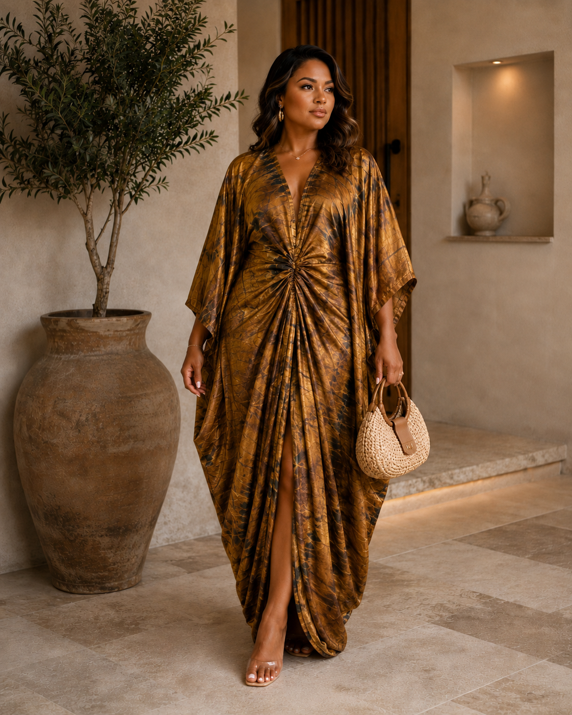 Brown Ruched African Tye-dye Kaftan BouBou Maxi Dress