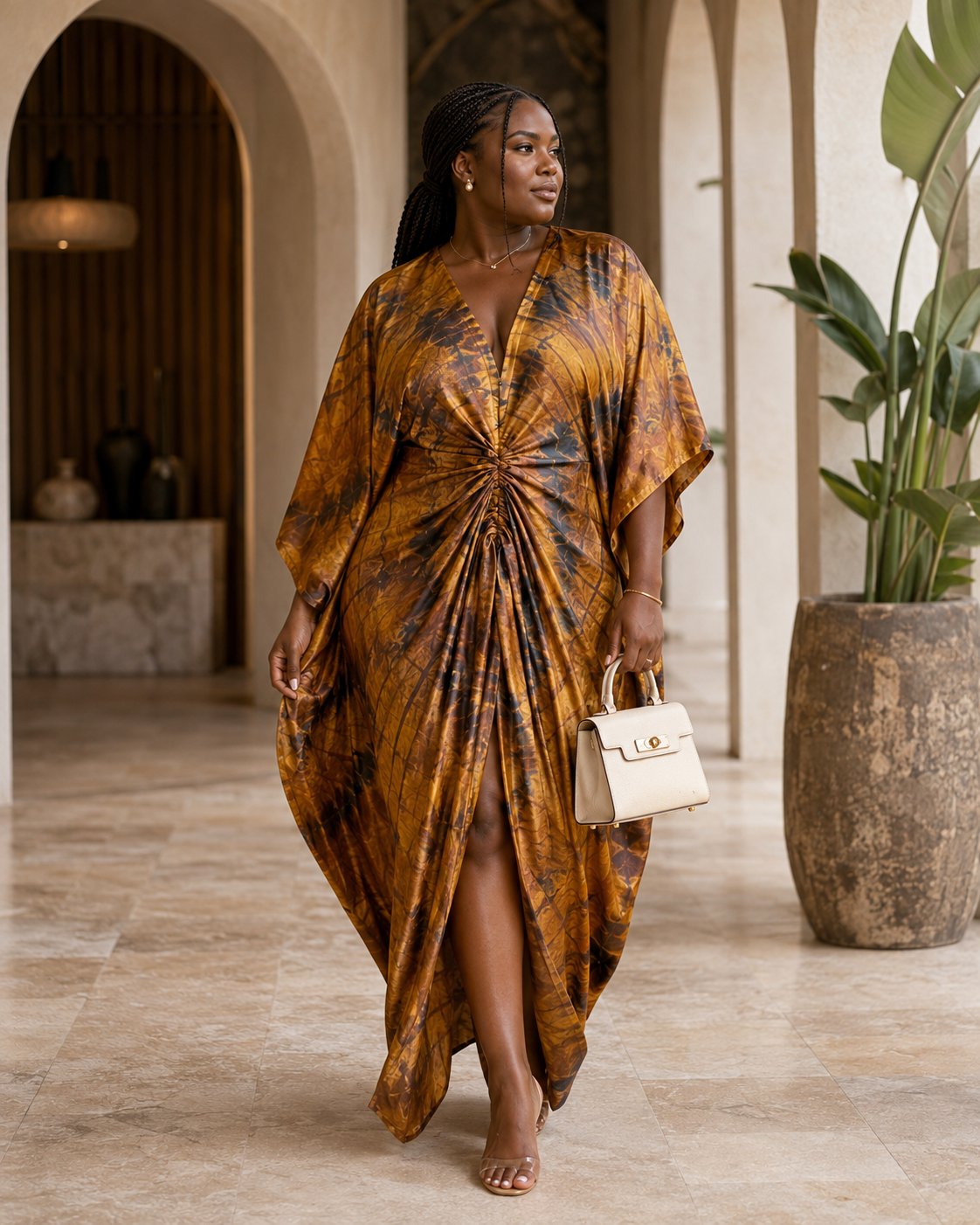 Brown Ruched African Tye-dye Kaftan BouBou Maxi Dress