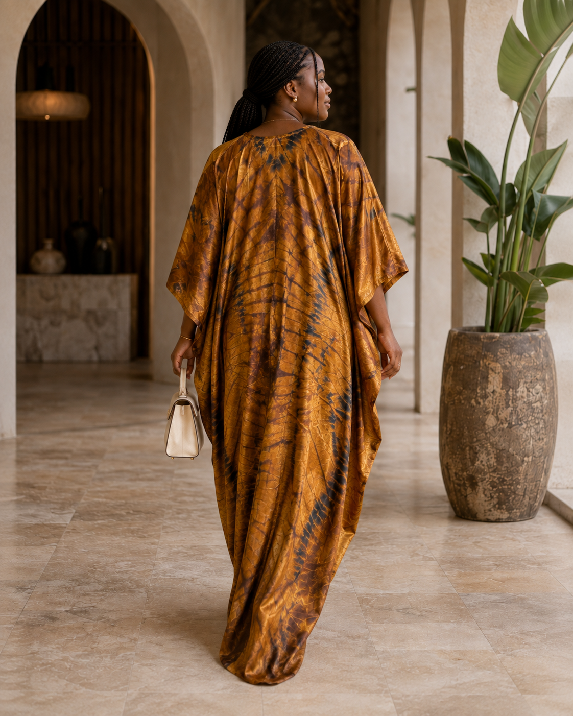 Brown Ruched African Tye-dye Kaftan BouBou Maxi Dress