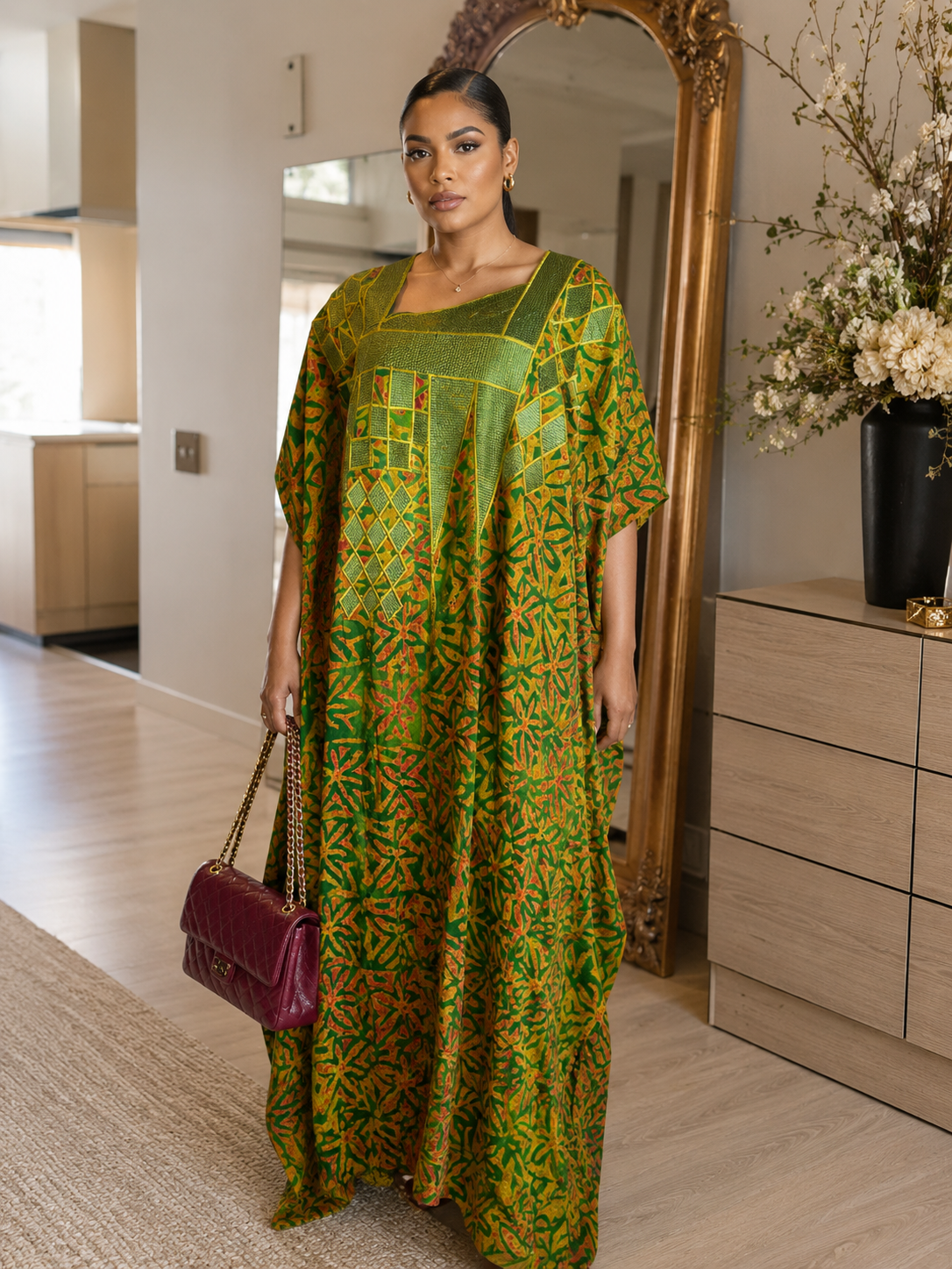 Emerald Luxe African Print Embroidered Maxi Boubou Kaftan Dress | Elegant Oversized Occasion Wear Size 8-16