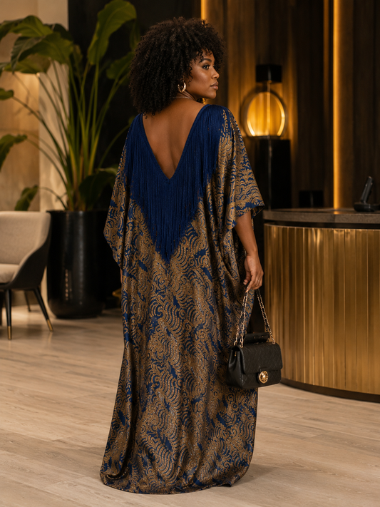 Luxury Navy Fringe African Boubou Maxi Dress – Rich Aunty Kaftan for Women Size 8- 16
