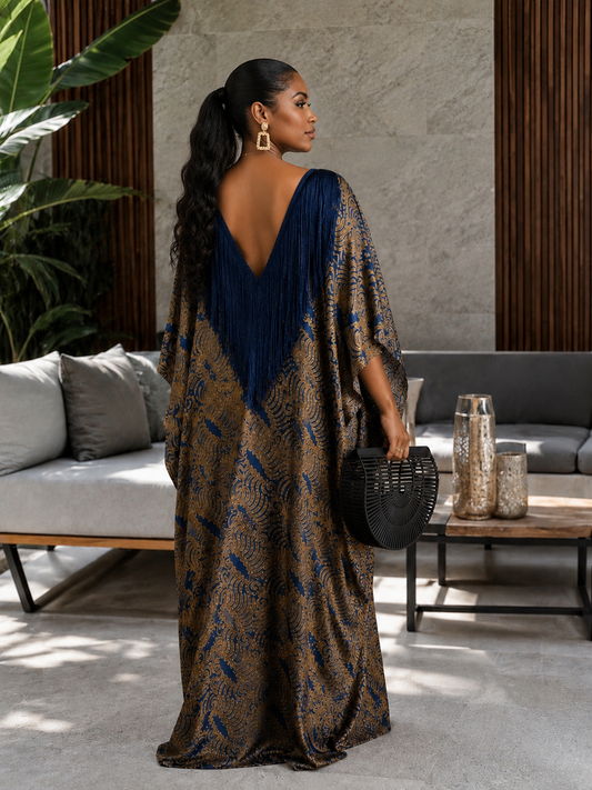 Luxury Navy Fringe African Boubou Maxi Dress – Rich Aunty Kaftan for Women Size 8- 16