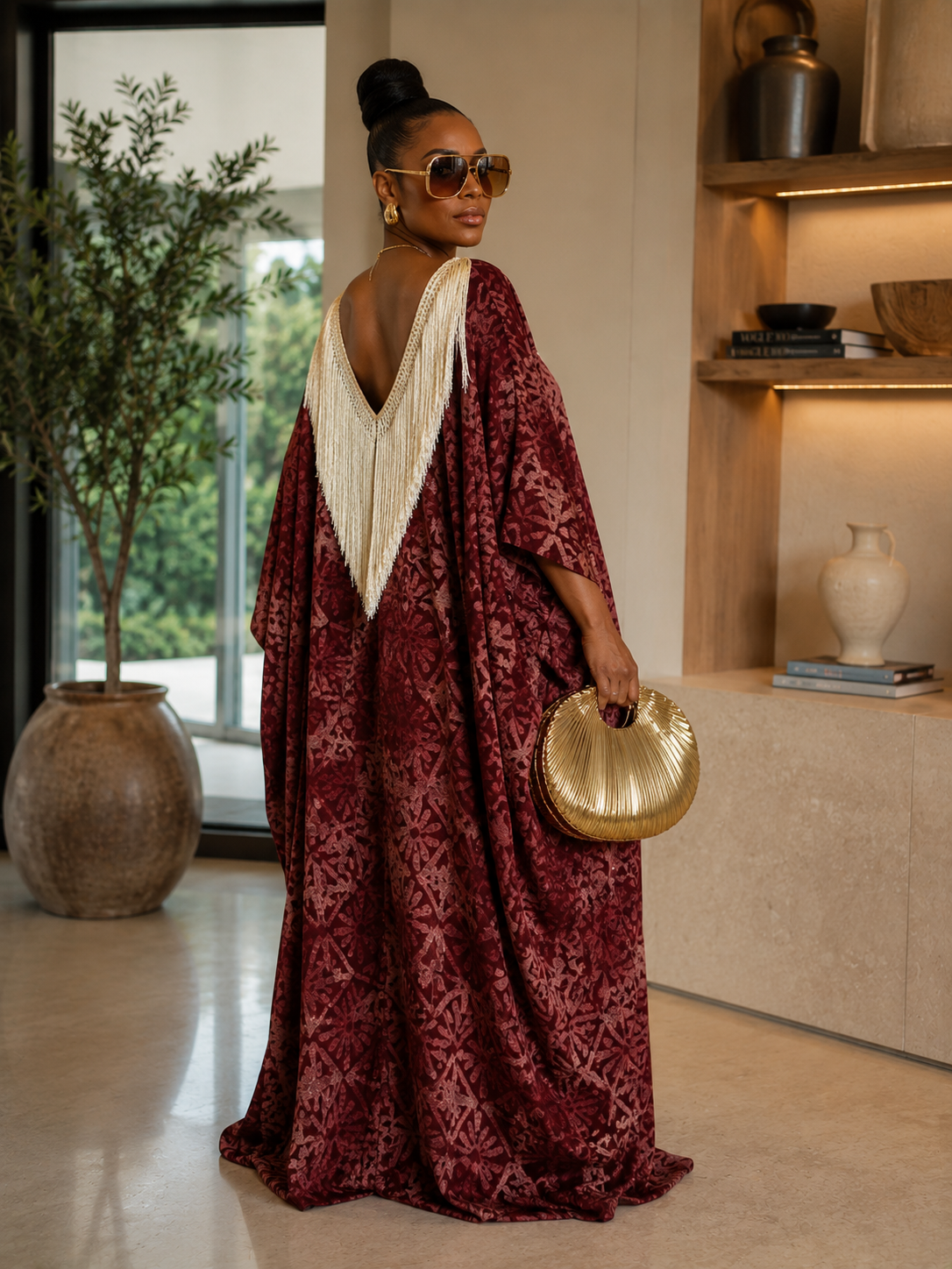 Luxury Maroon Fringe African Boubou Maxi Dress – Rich Aunty Kaftan for Women Size 8- 16