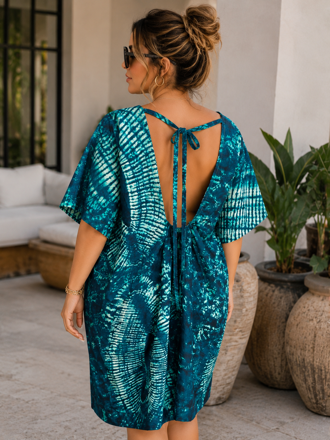 Azure Oasis Open-Back Boubou Dress – Luxury Printed African Kaftan for Women Short Summer Dress