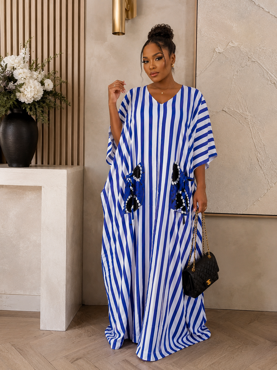 GWB Luxe Striped Maxi Kaftan BouBou Silk Dress With Pocket – Blue