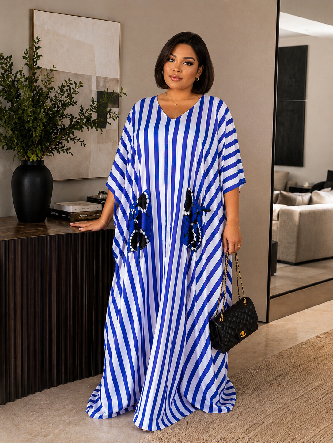 GWB Luxe Striped Maxi Kaftan BouBou Silk Dress With Pocket – Blue
