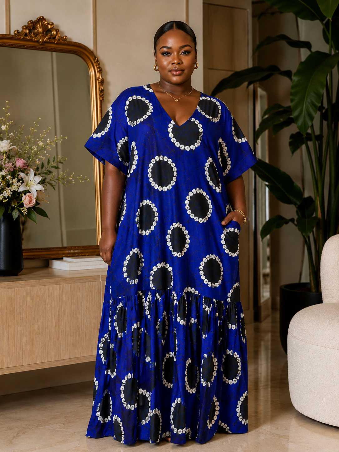 Royal Blue Abstract Print Open Back Oversized Maxi Dress BouBou Kaftan