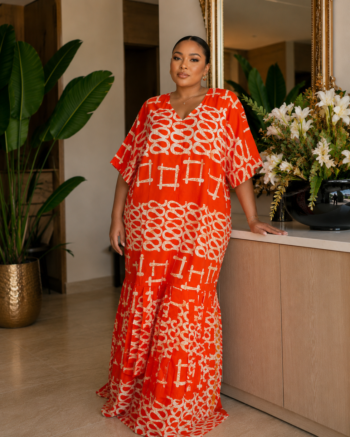 Orange Abstract Print Open Back Oversized Maxi Dress BouBou Kaftan