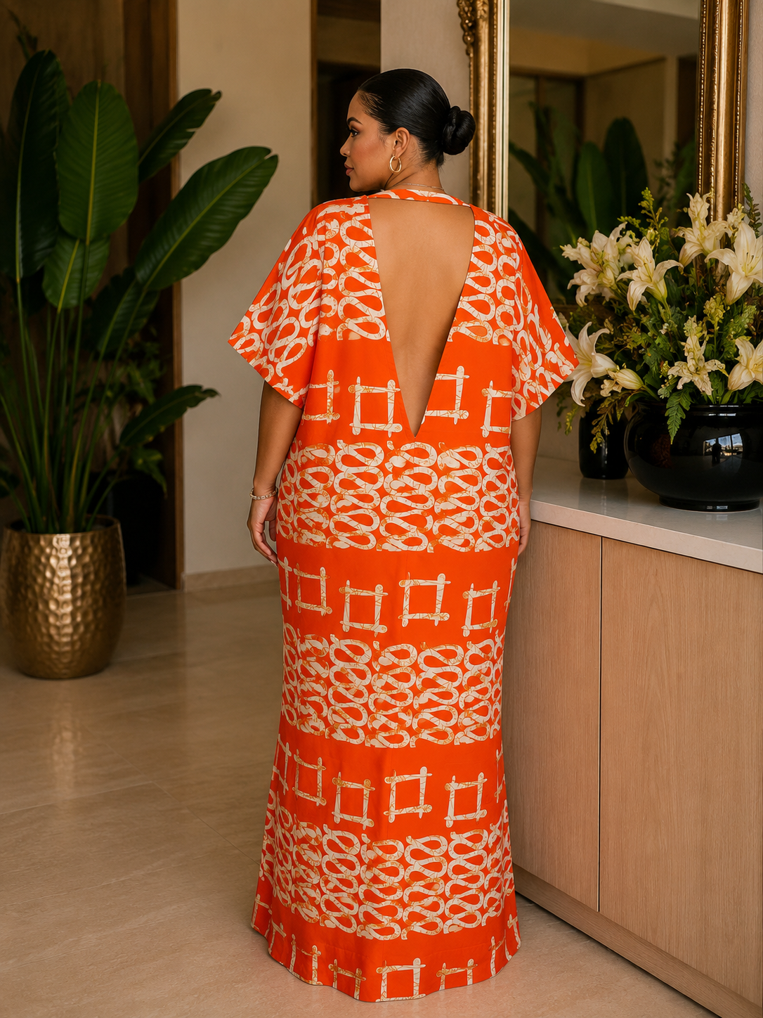 Orange Abstract Print Open Back Oversized Maxi Dress BouBou Kaftan
