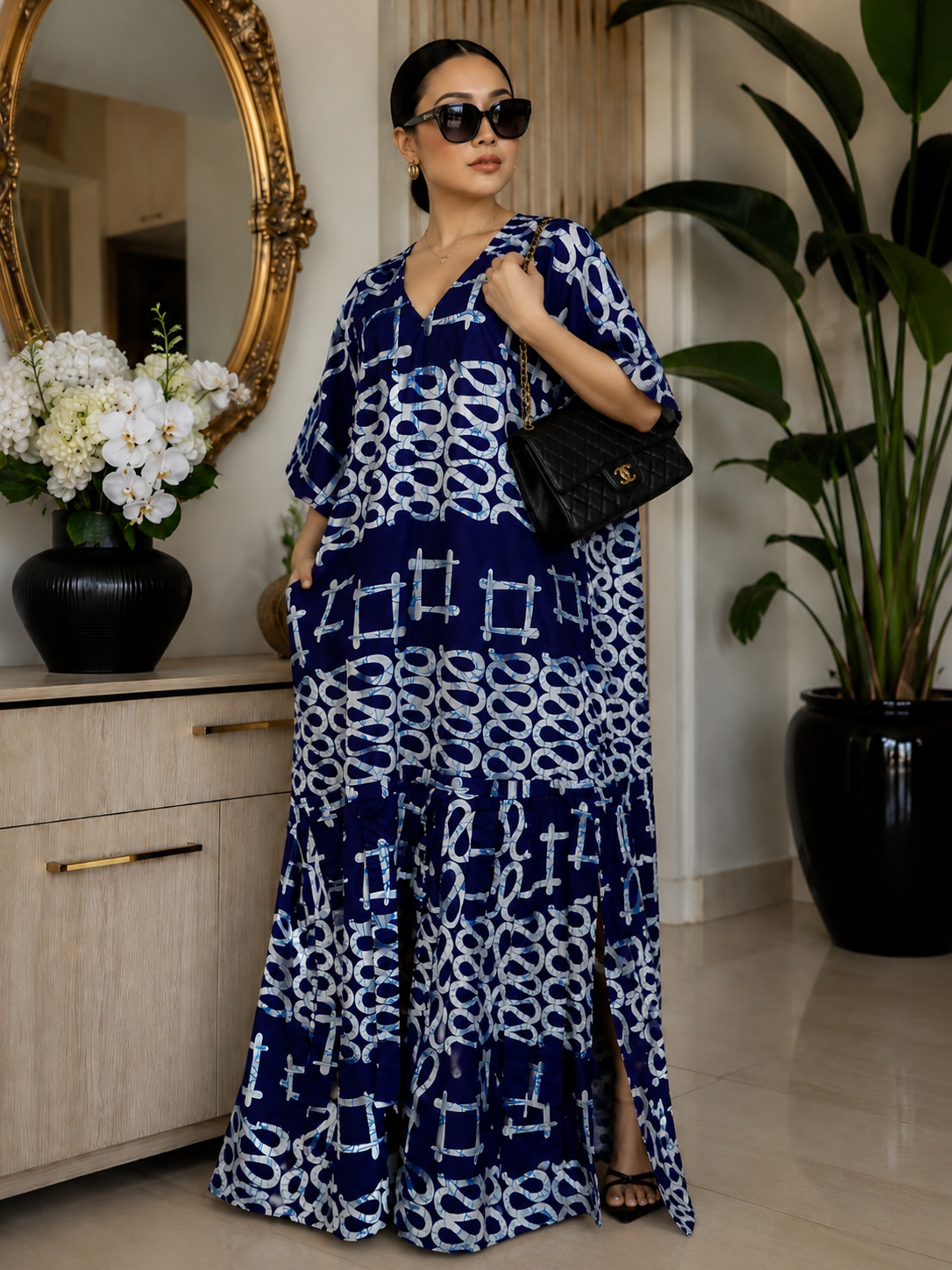 Purple Abstract Print Open Back Oversized Maxi Dress BouBou Kaftan
