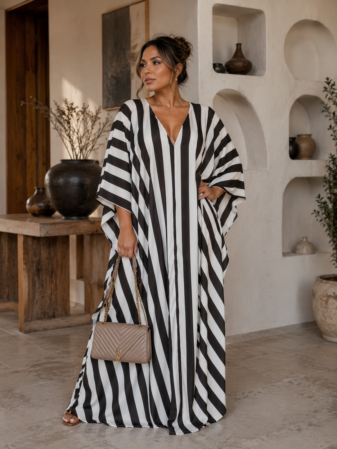 GWB Luxe Striped Maxi Kaftan BouBou Silk Summer Dress Size 8-16 - Black