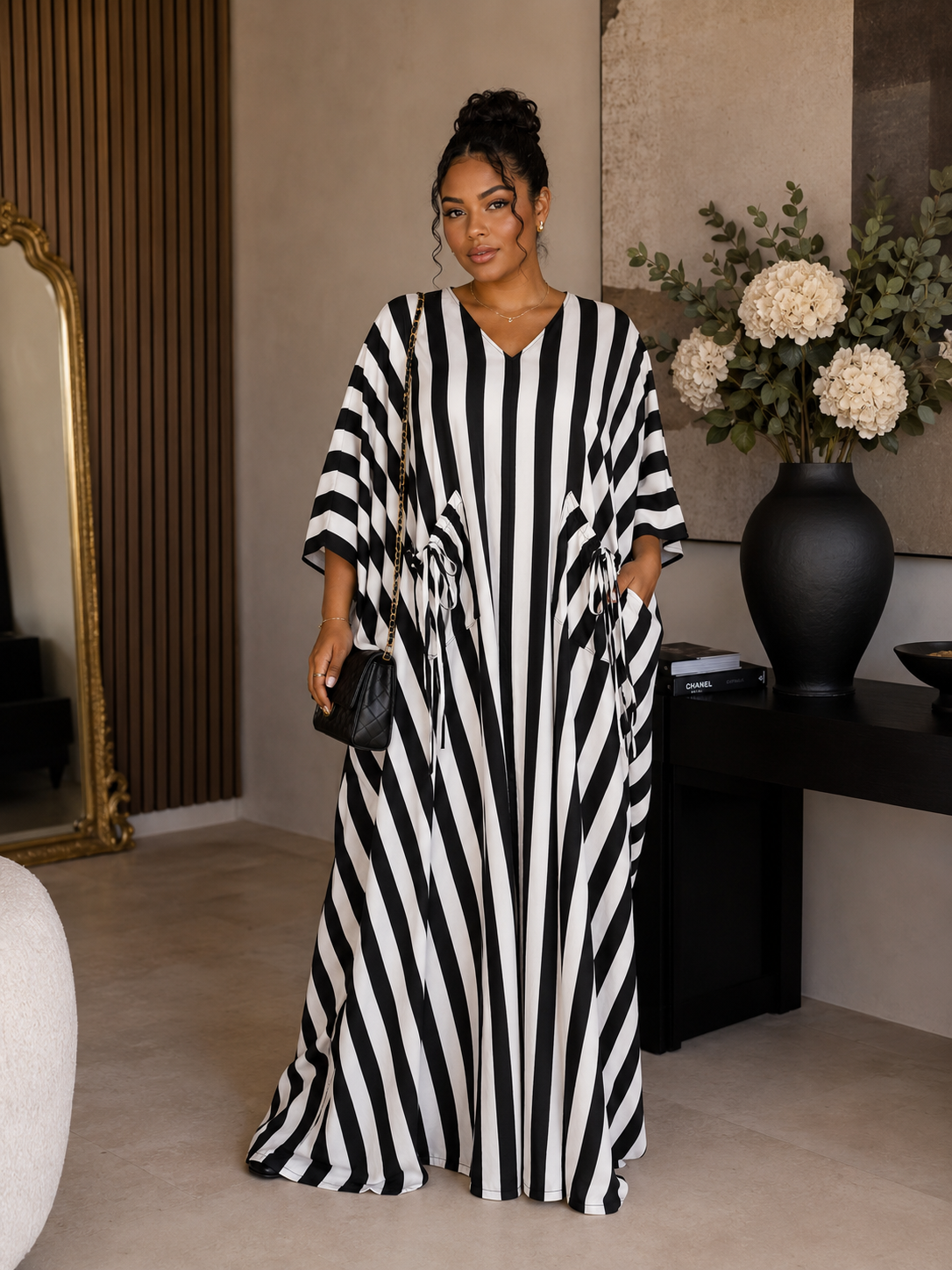 GWB Luxe Striped Maxi Kaftan BouBou Silk Summer Dress Size 8-16 - Black