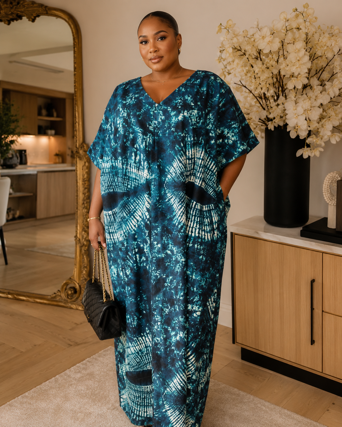 Emerald Ocean African Tie-Dye Boubou Maxi Dress – Relaxed Luxury Kaftan for Women  One Size UK 8–14