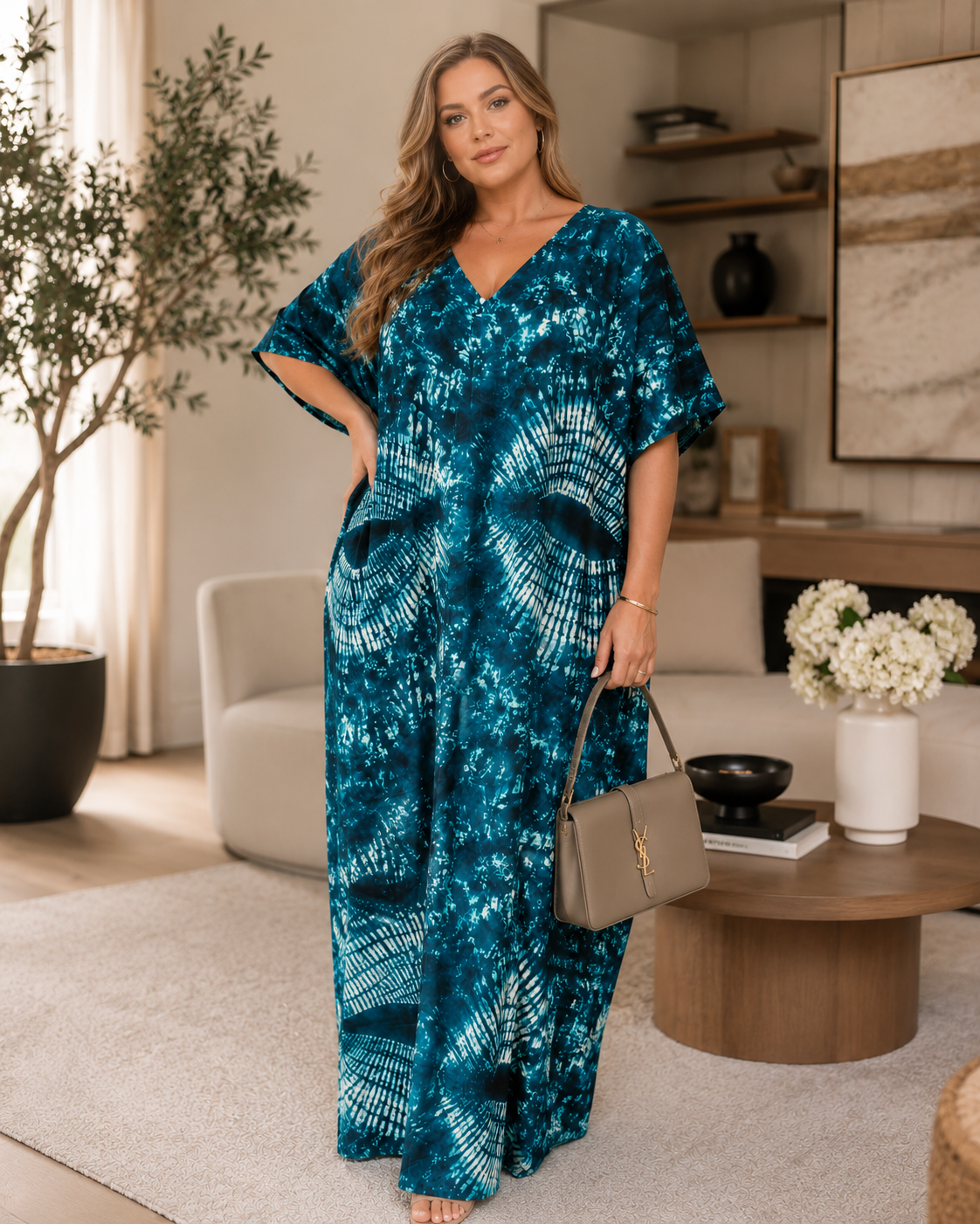 Emerald Ocean African Tie-Dye Boubou Maxi Dress – Relaxed Luxury Kaftan for Women  One Size UK 8–14