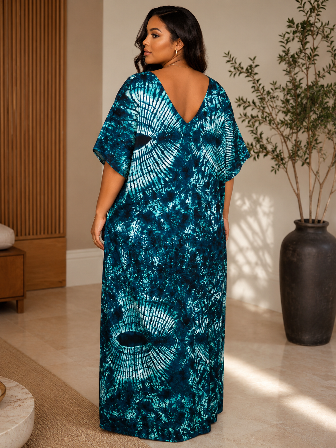 Emerald Ocean African Tie-Dye Boubou Maxi Dress – Relaxed Luxury Kaftan for Women  One Size UK 8–14