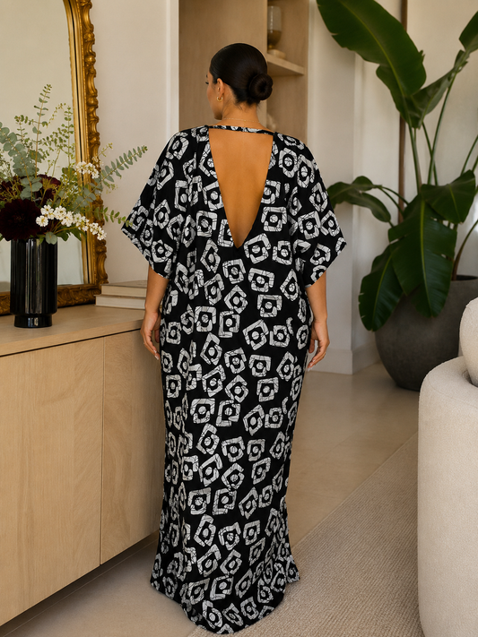 Abstract Square Print Open Back Oversized Maxi Dress BouBou Kaftan